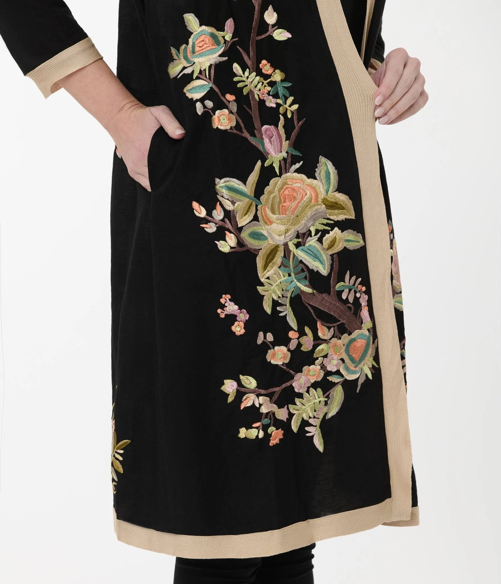 1920s Black & Cream Rose Embroidered Scarf Coat