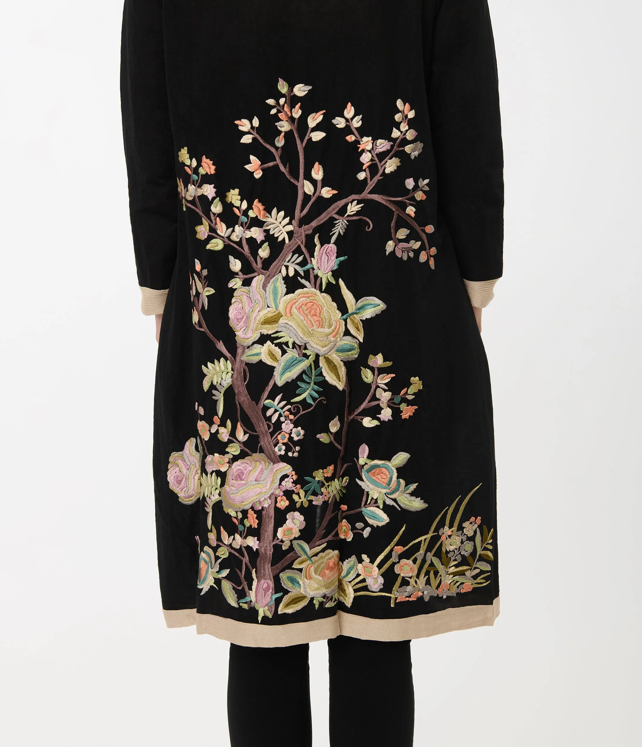 1920s Black & Cream Rose Embroidered Scarf Coat