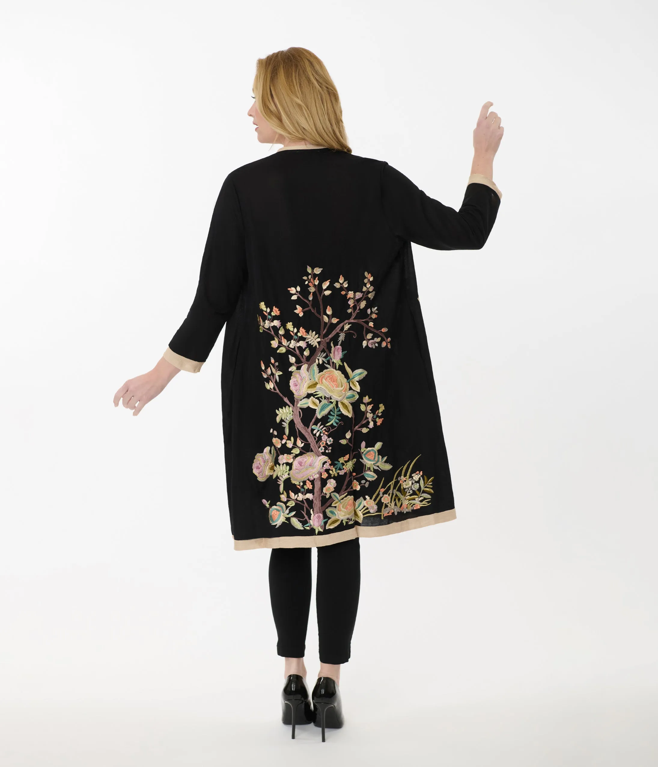 1920s Black & Cream Rose Embroidered Scarf Coat
