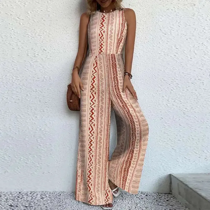 Bohemian Vintage Print Wide Leg Jumpsuit