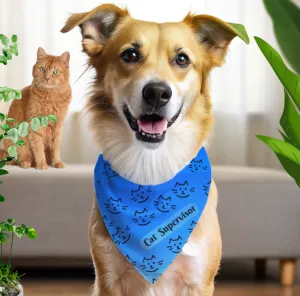 Bright Blue "Cat Supervisor" Bandana COLLAR with Playful Cat Graphics and Easy On-Off Buckle, Fun Dog Mom Gift, 4 Sizes