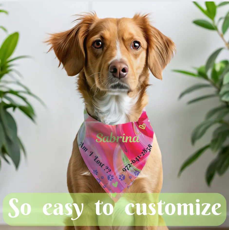 Customizable Pink-n-Red Abstract Pet Bandana with "Am I Lost?" Text, Easily Customize with Dog Name and Phone Number for a Bright, Personalized Safety Net, Unique Pet Lover Dog Mom Gift