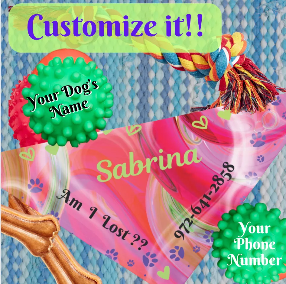 Customizable Pink-n-Red Abstract Pet Bandana with "Am I Lost?" Text, Easily Customize with Dog Name and Phone Number for a Bright, Personalized Safety Net, Unique Pet Lover Dog Mom Gift
