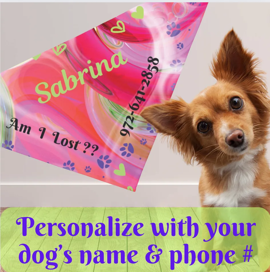 Customizable Pink-n-Red Abstract Pet Bandana with "Am I Lost?" Text, Easily Customize with Dog Name and Phone Number for a Bright, Personalized Safety Net, Unique Pet Lover Dog Mom Gift
