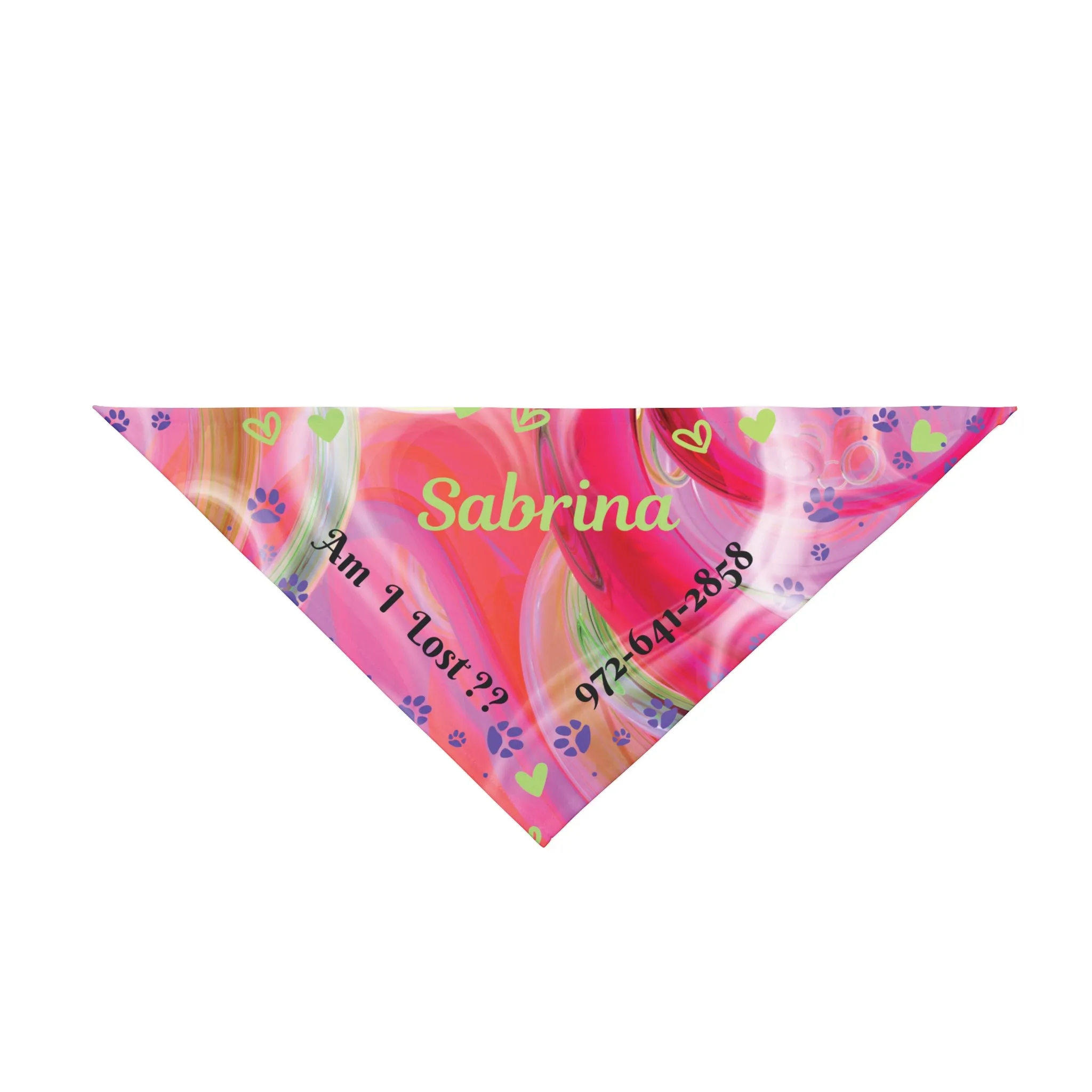 Customizable Pink-n-Red Abstract Pet Bandana with "Am I Lost?" Text, Easily Customize with Dog Name and Phone Number for a Bright, Personalized Safety Net, Unique Pet Lover Dog Mom Gift