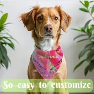 Customizable Pink-n-Red Abstract Pet Bandana with "Am I Lost?" Text, Easily Customize with Dog Name and Phone Number for a Bright, Personalized Safety Net, Unique Pet Lover Dog Mom Gift