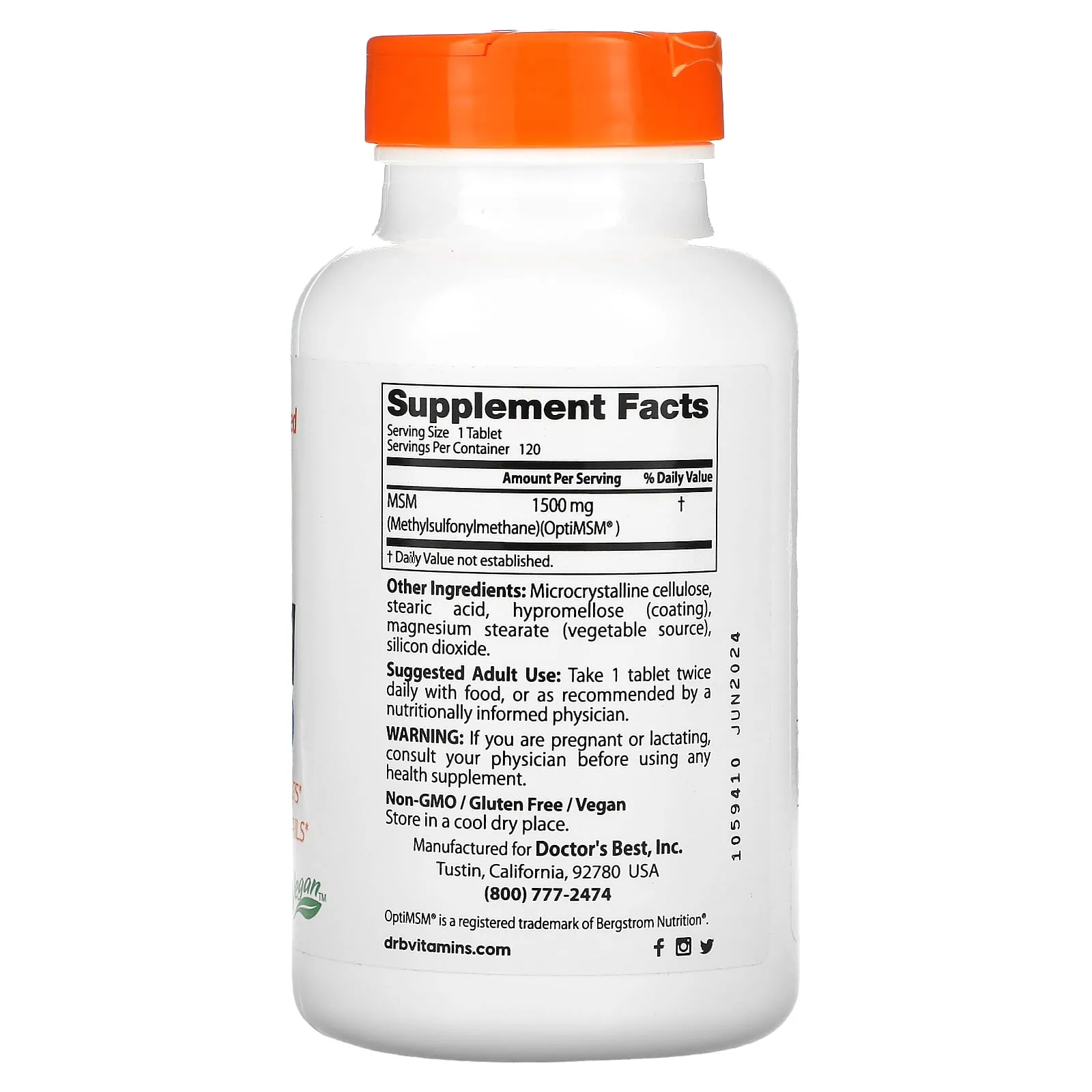 Doctor's Best, MSM with OptiMSM, 1,500 mg, 120 Tablets
