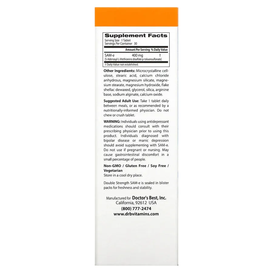 Doctor's Best SAM-e, Double-Strength 400mg, 30 tabs