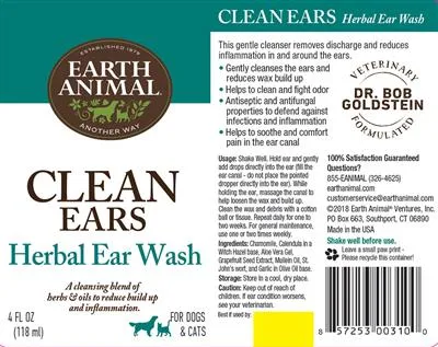 Earth Animal Herbal Topical Remedies Clean Ears Ear Wash for Dogs & Cats, 4 oz. Bottle