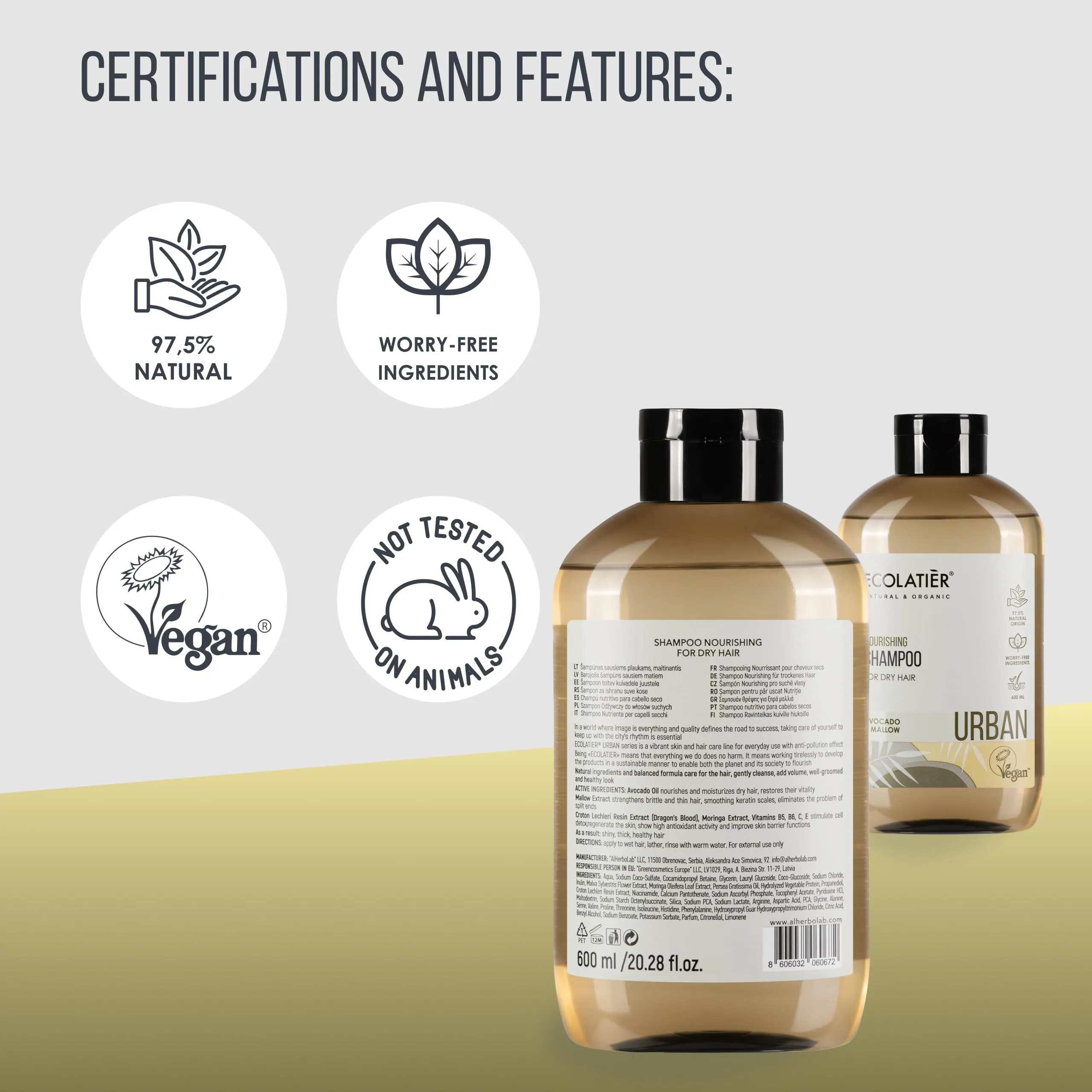 ECOLATIÈR Shampoo for Women Nourishing for Dry Hair with Avocado Oil, Vegan, 97.8% Natural Ingredients, Moisturizing, Non-Toxic for Dry Scalp, Daily Use, 20.3 Fl Oz / 600ml