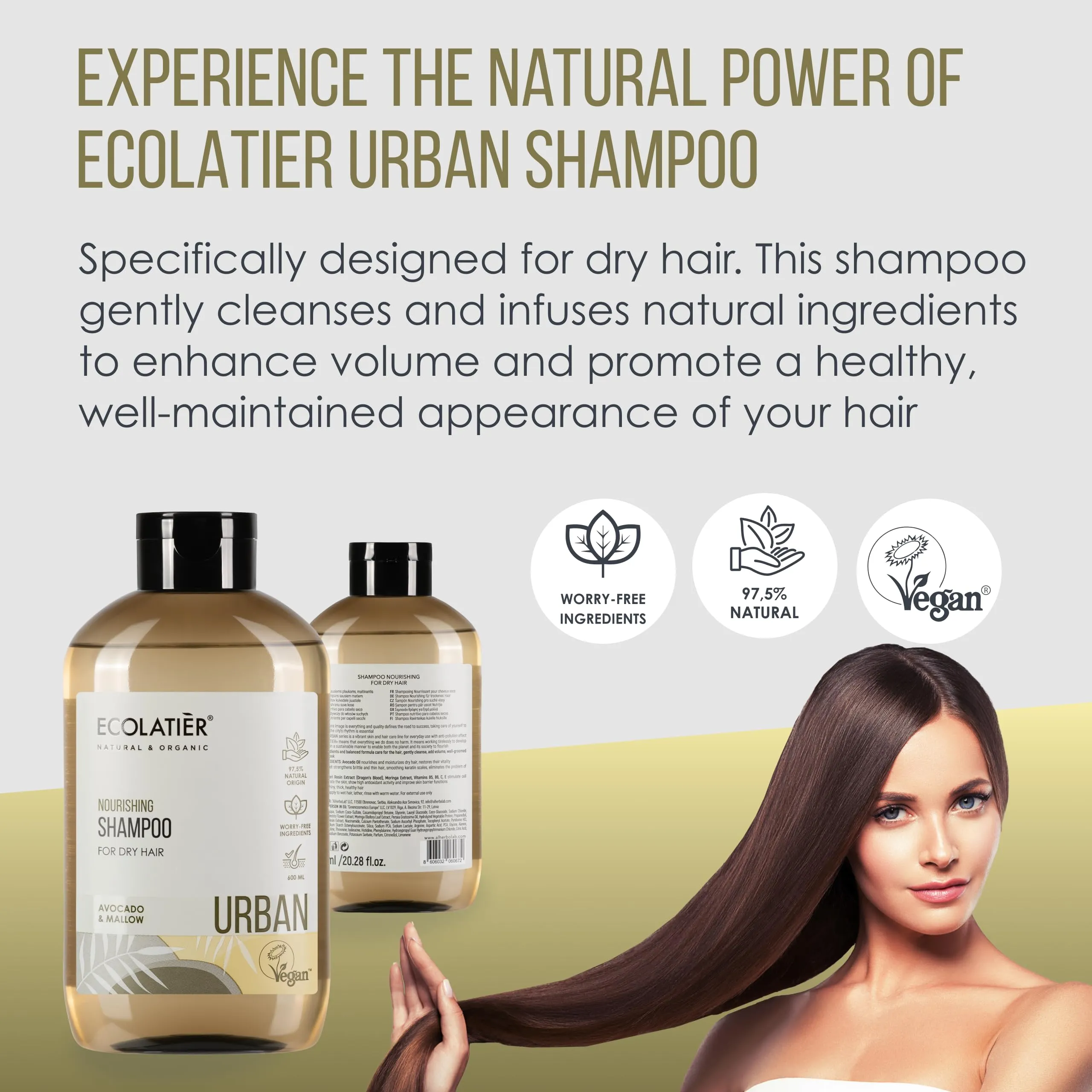 ECOLATIÈR Shampoo for Women Nourishing for Dry Hair with Avocado Oil, Vegan, 97.8% Natural Ingredients, Moisturizing, Non-Toxic for Dry Scalp, Daily Use, 20.3 Fl Oz / 600ml