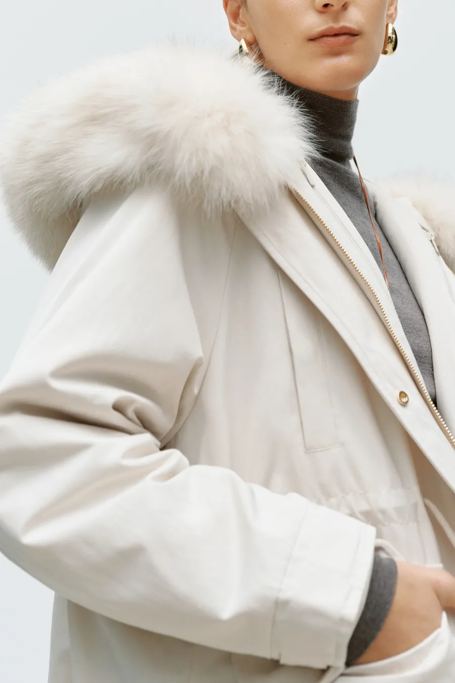 Fur Trimmed Short Parka Off White