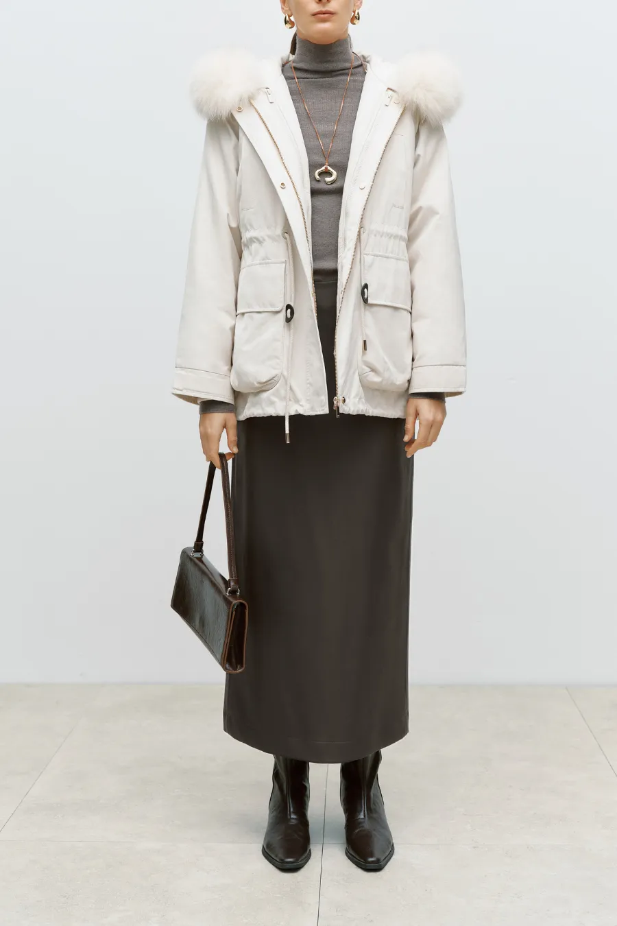 Fur Trimmed Short Parka Off White