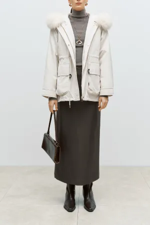 Fur Trimmed Short Parka Off White