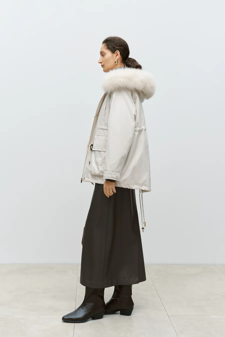 Fur Trimmed Short Parka Off White