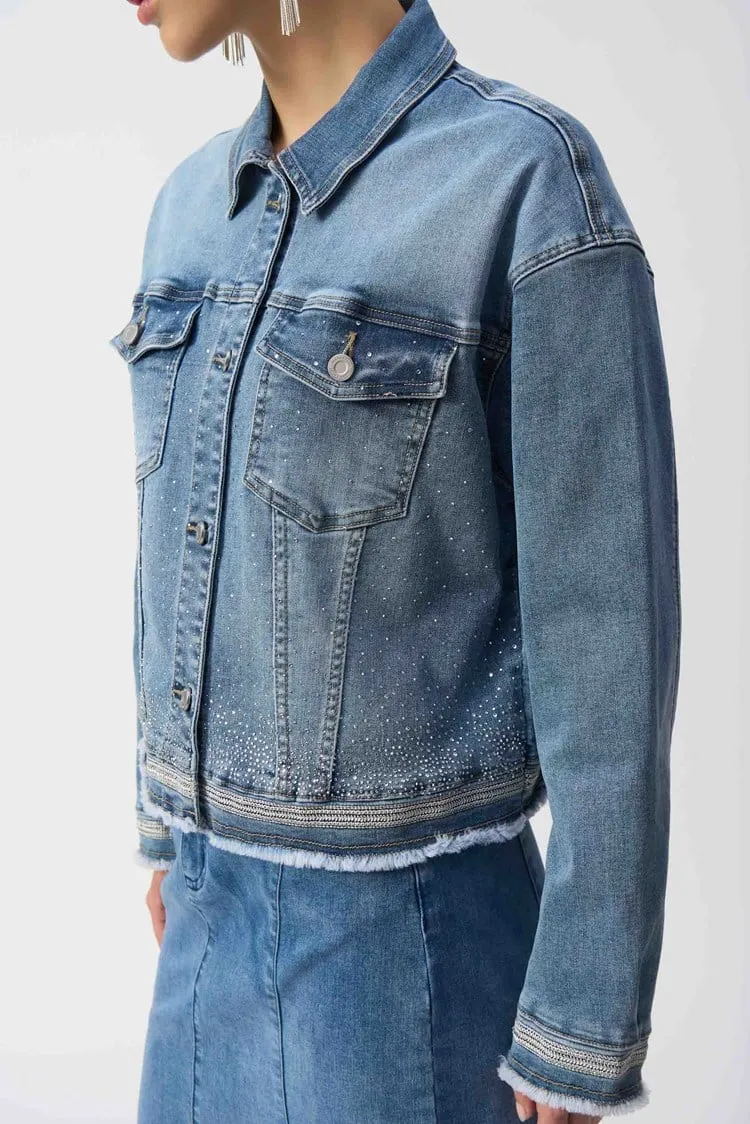 Joseph Ribkoff Vintage Blue Stretch Denim Jacket with Embroidery