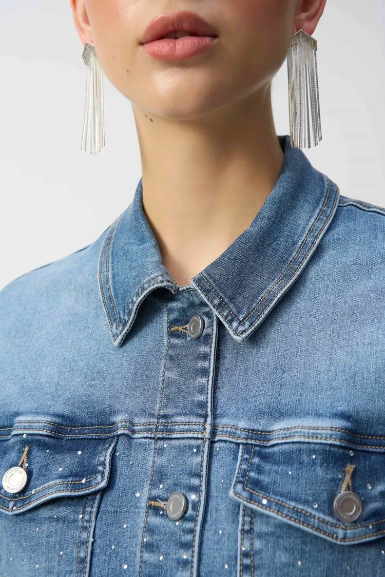 Joseph Ribkoff Vintage Blue Stretch Denim Jacket with Embroidery