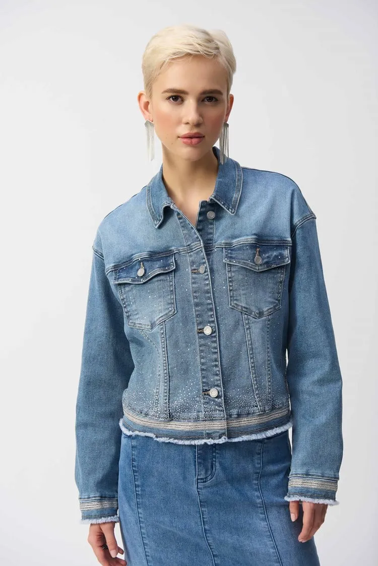 Joseph Ribkoff Vintage Blue Stretch Denim Jacket with Embroidery