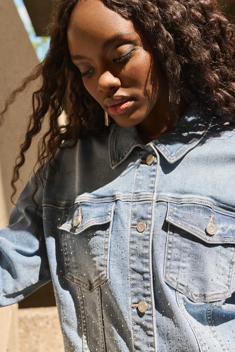 Joseph Ribkoff Vintage Blue Stretch Denim Jacket with Embroidery