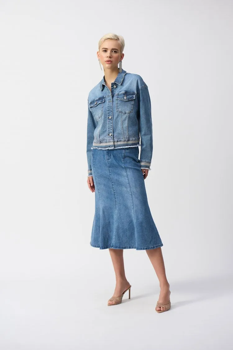 Joseph Ribkoff Vintage Blue Stretch Denim Jacket with Embroidery