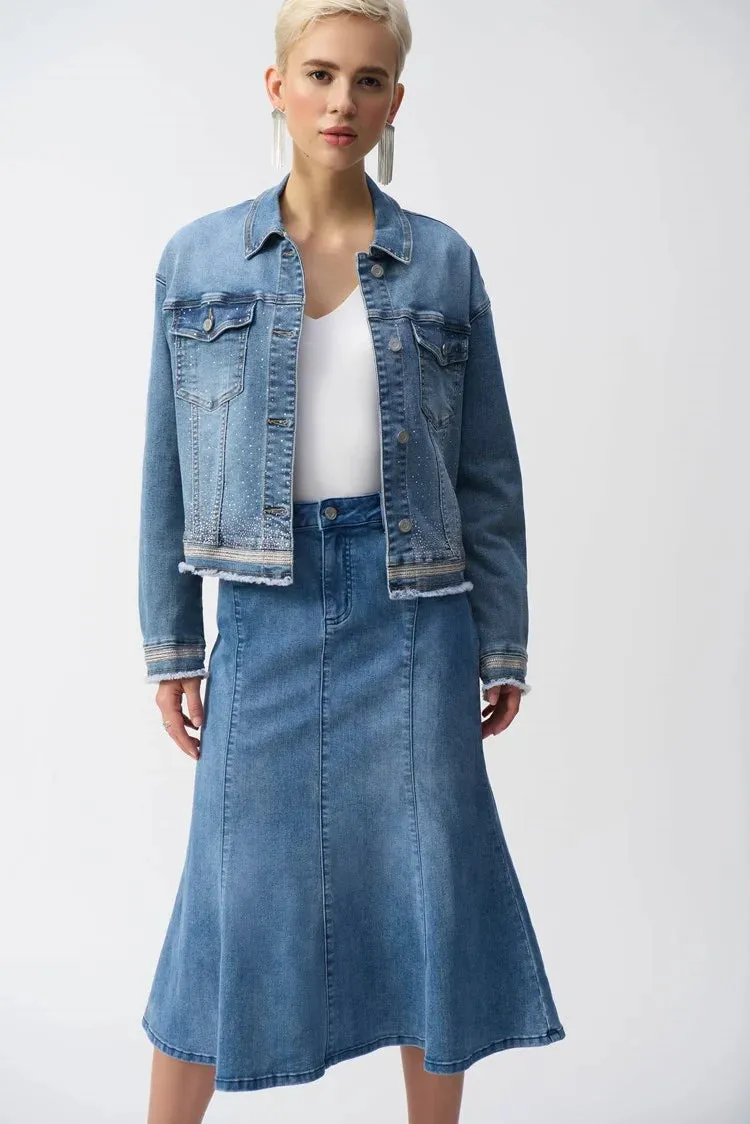 Joseph Ribkoff Vintage Blue Stretch Denim Jacket with Embroidery