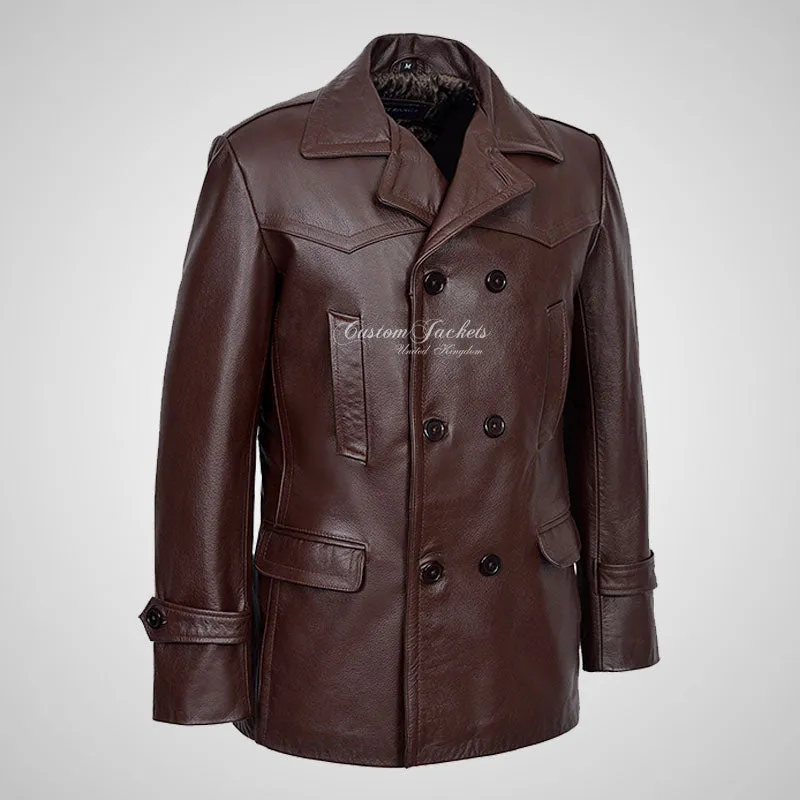 KRIEGSMARINE Mens Leather Pea Coat Classic German Military Leather Jacket
