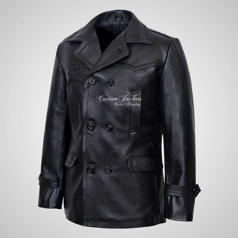 KRIEGSMARINE Mens Leather Pea Coat Classic German Military Leather Jacket