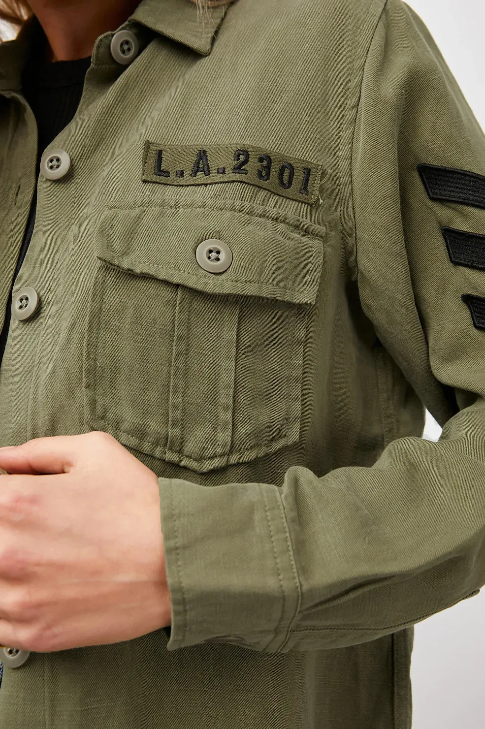 Loren Shirt Jacket Olive Black Military Satin Patches