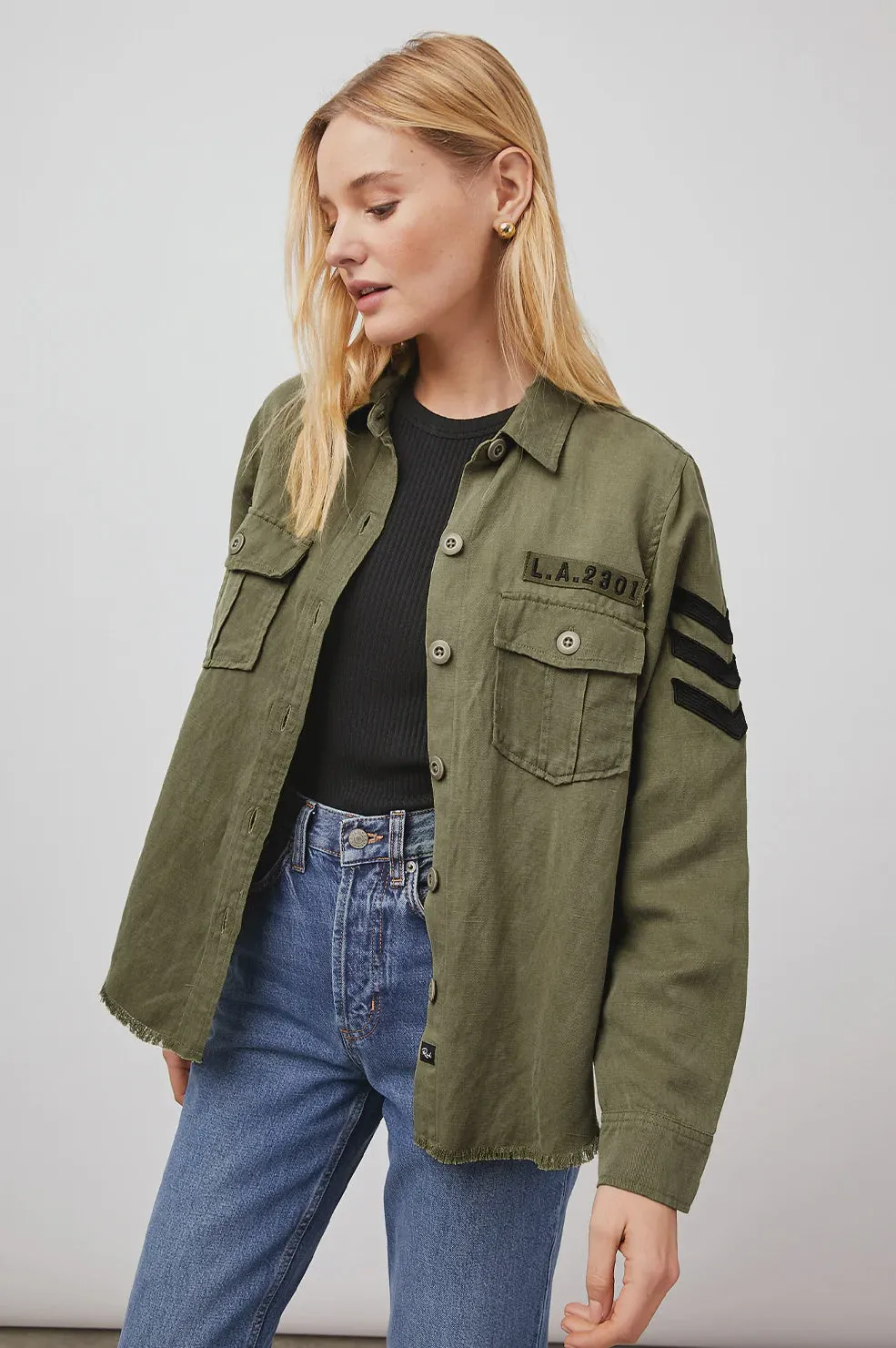 Loren Shirt Jacket Olive Black Military Satin Patches