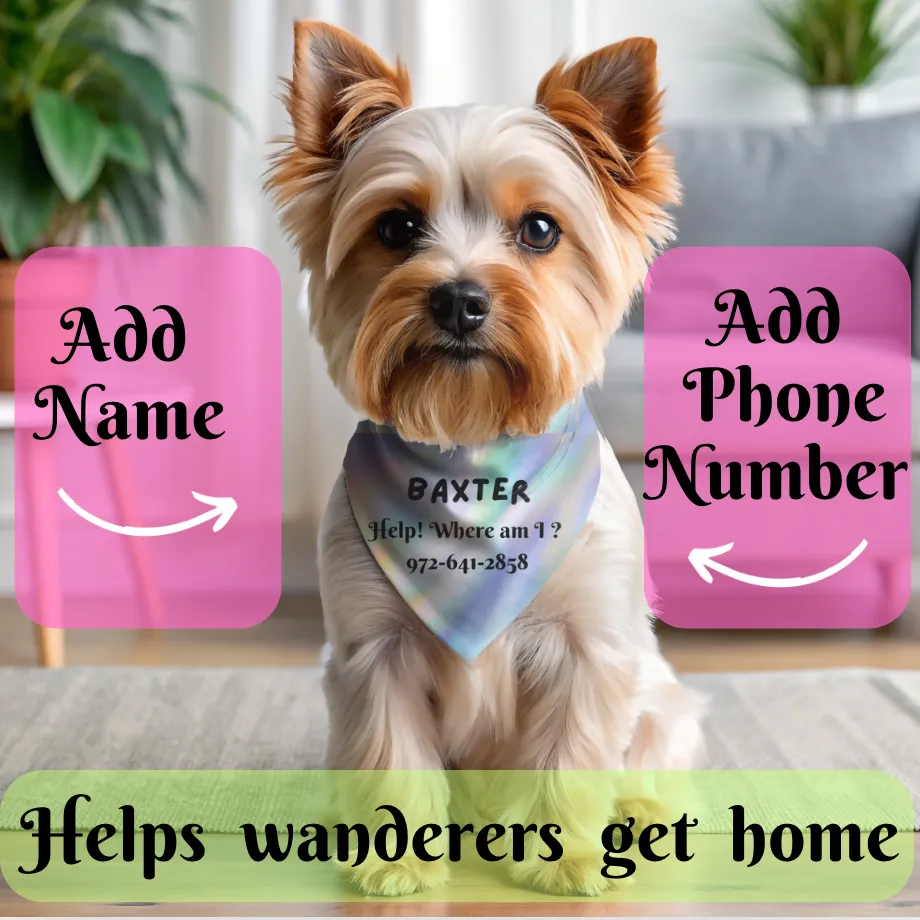 Multi-colored Customizable Keep-Your-Dog-Safe Pet Bandana with "Help Where Am I?" Slogan, Personalize with Dog Name and Phone Number for a Personal Safety Net, Unique Pet Lover Dog Mom Gift
