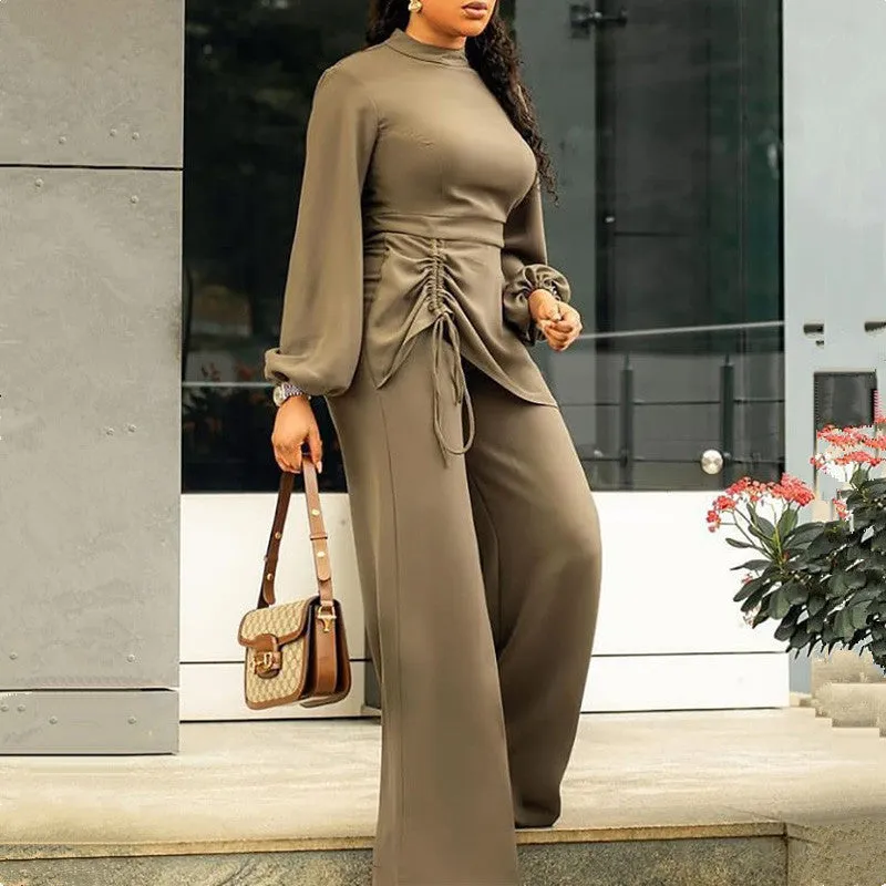 O Neck Long Lantern Sleeve High Waist Patchwork Loose Jumpsuit