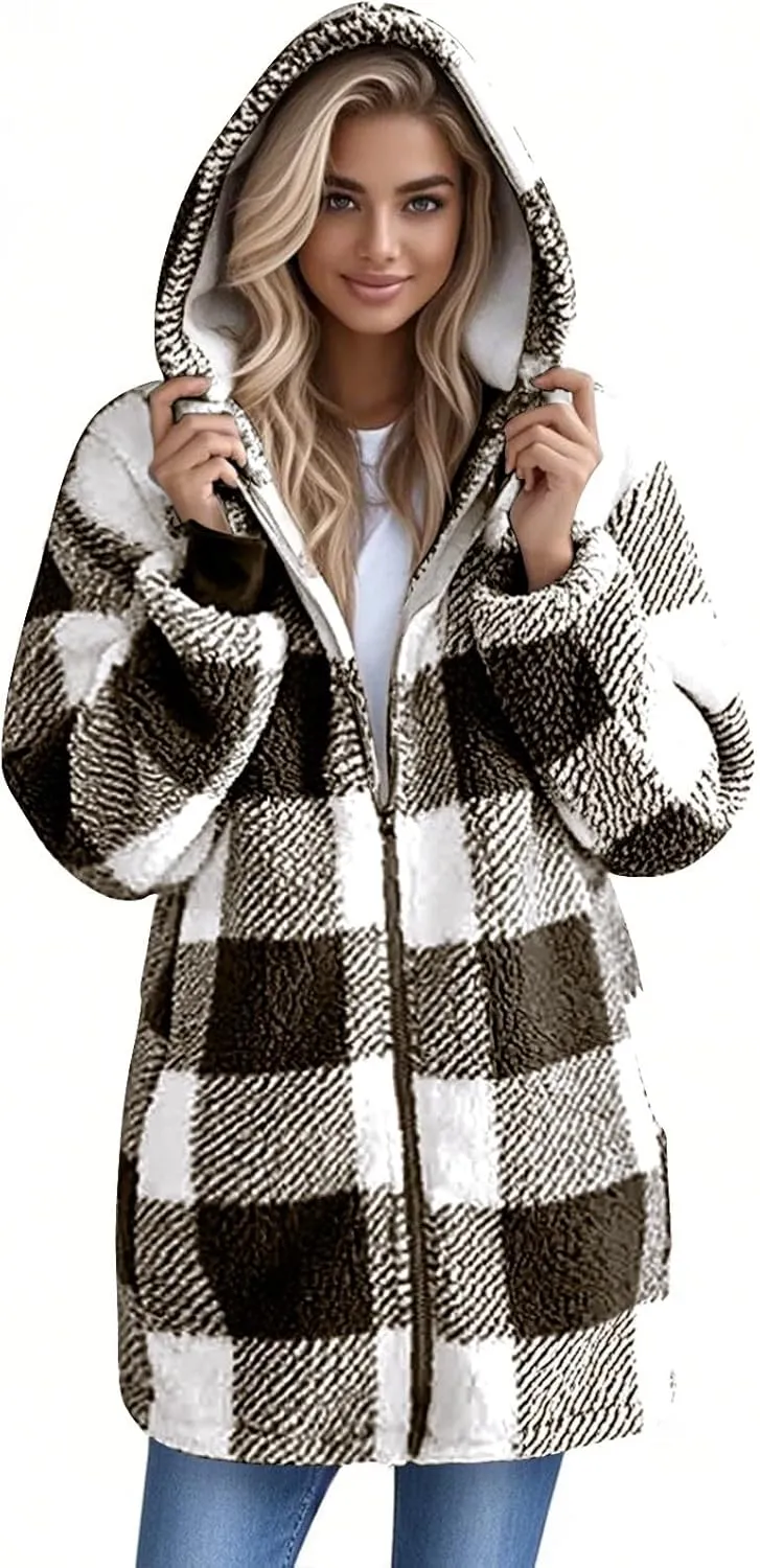 Oversized Sherpa Jacket Women Plus Size Plaid Fleece Full Zip Winter Coat Comfy Fuzzy Cardigan Sweater Hooded Outwear