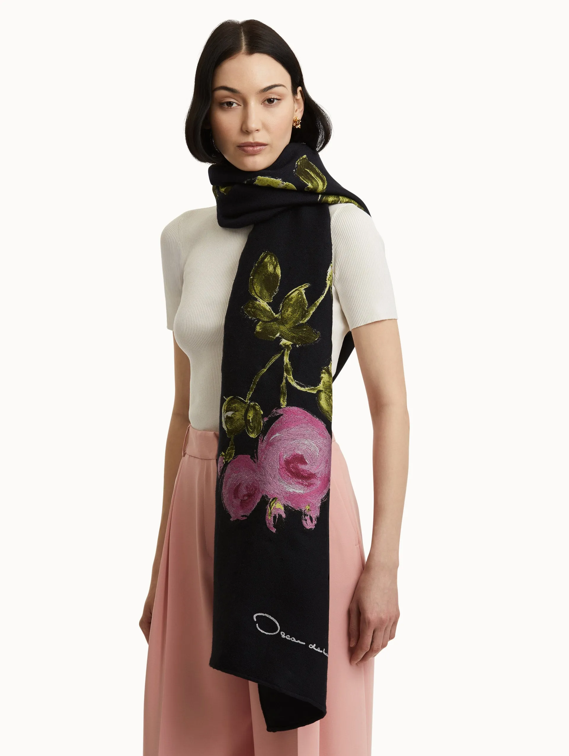 Painted Roses Wool-Blend Scarf