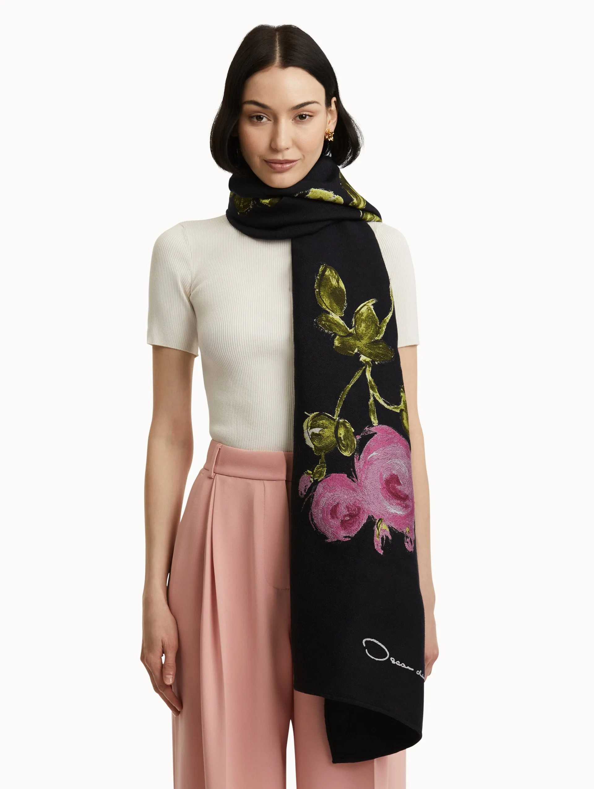 Painted Roses Wool-Blend Scarf