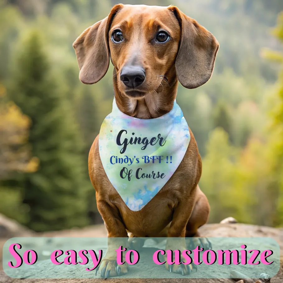 Pastel Tie-Dye Styled Customizable Pet Bandana, Personalize with Dog & Human Names, "Cindy's BFF Of Course" or Something Different, Easy-to-Customize Personal Pet Lover Dog Mom Gift, Special Occasion Birthday Gift for Mom