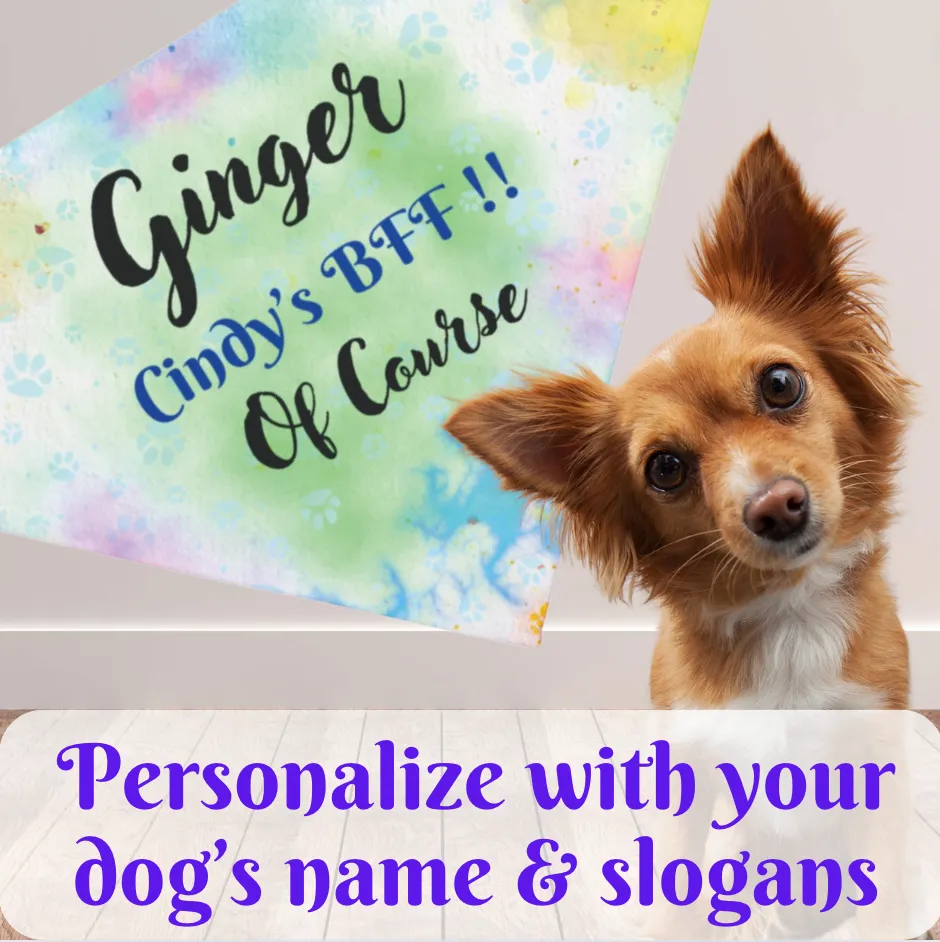 Pastel Tie-Dye Styled Customizable Pet Bandana, Personalize with Dog & Human Names, "Cindy's BFF Of Course" or Something Different, Easy-to-Customize Personal Pet Lover Dog Mom Gift, Special Occasion Birthday Gift for Mom