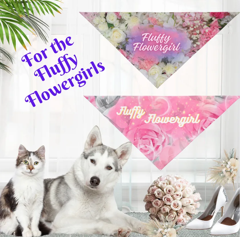 Pink Floral "Fluffy Flowergirl" Pet Bandana, Bridal Shower Engagement Party, Gift For Bride, Groom, CatLady Dog Mom