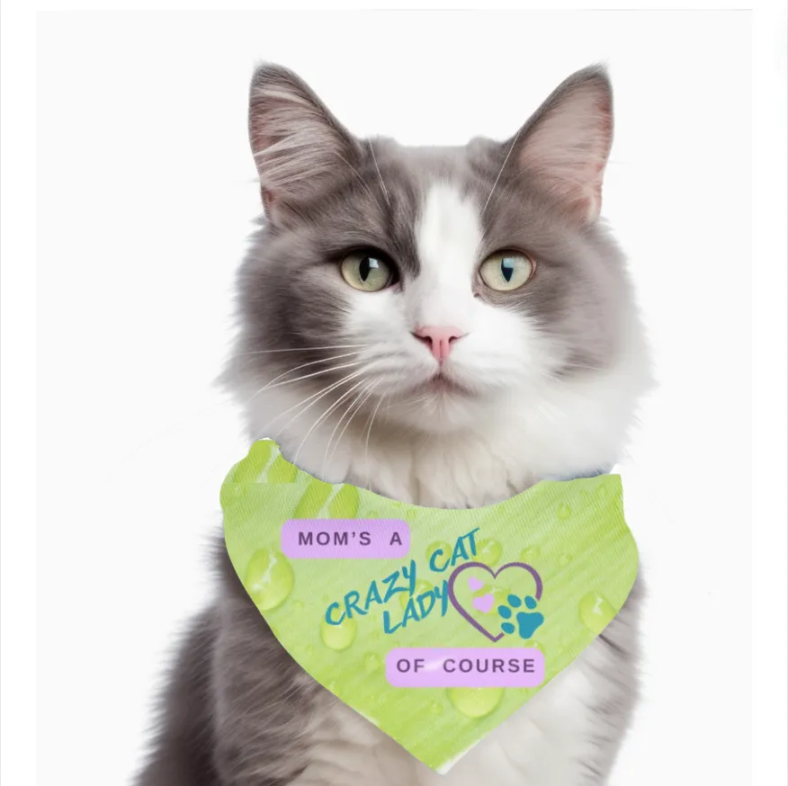 Playful Lime Green Bandana COLLAR with "Mom's A Crazy Cat Lady" Slogan, CatLady Dog Mom Gift, Cat Collar, Easy-On Buckle