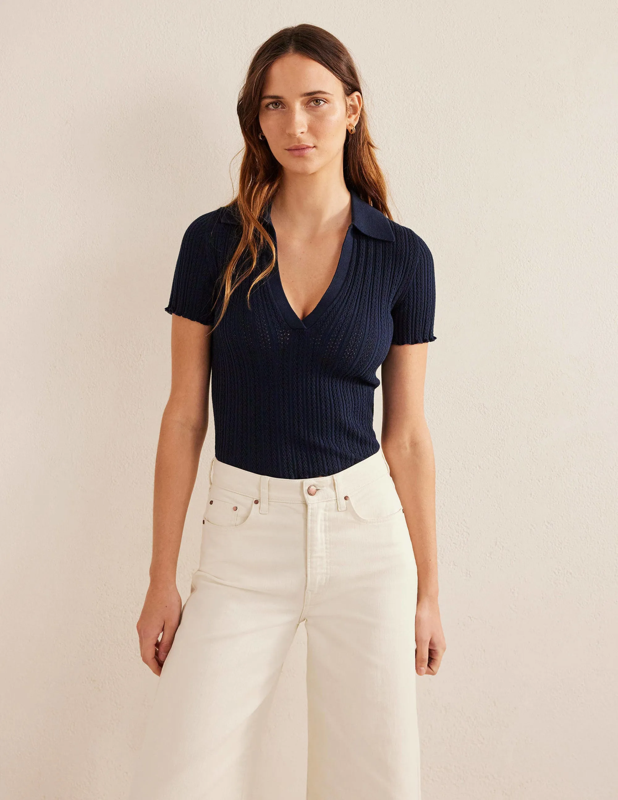 Ribbed Pointelle Collared Top-Navy