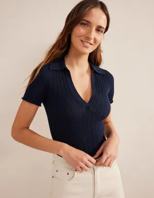 Ribbed Pointelle Collared Top-Navy