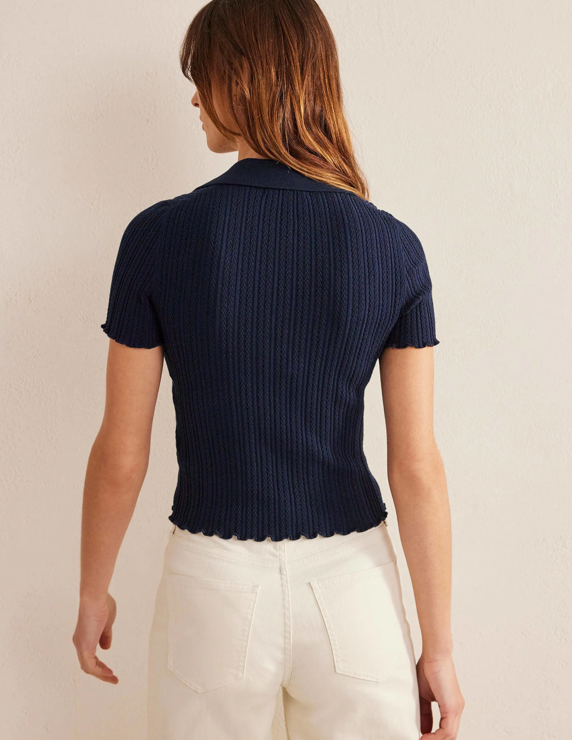 Ribbed Pointelle Collared Top-Navy