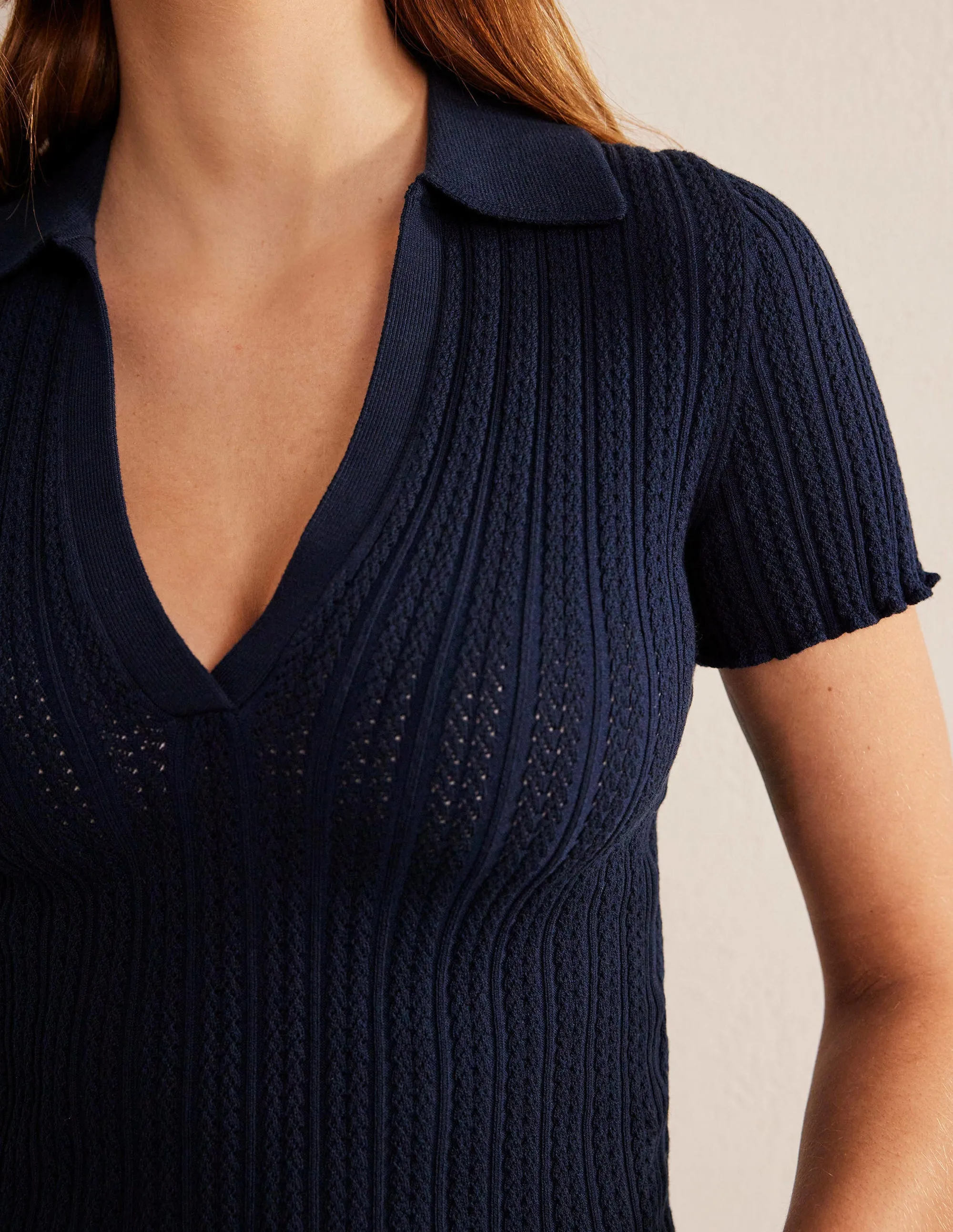 Ribbed Pointelle Collared Top-Navy