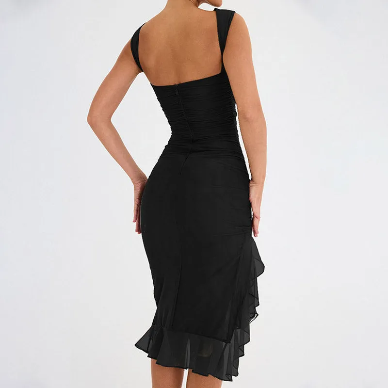 Ruched Crew Neck Sleeveless Bodycon Ruffle Sophisticated Cocktail Midi Dress - Army Green