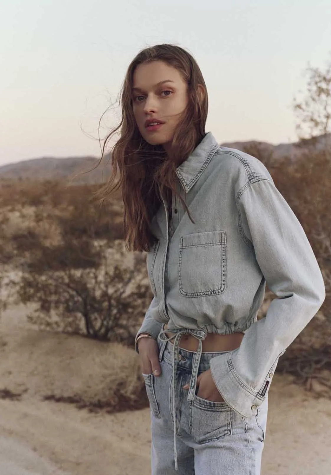 Serena Women's Long-Sleeve Cropped Denim Shirt, Bleached Down Blue - BL16021