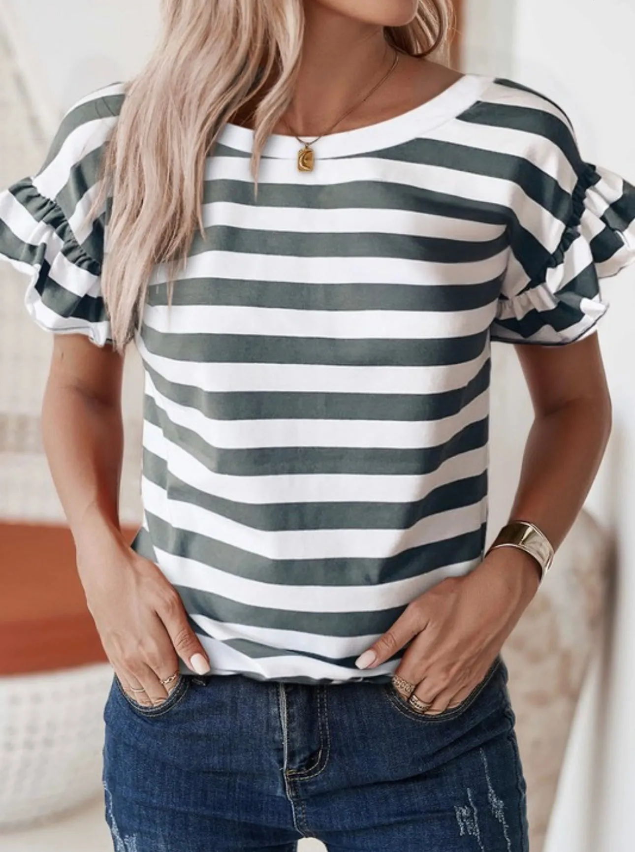 Striped V Neck Ruffle Sleeve Top