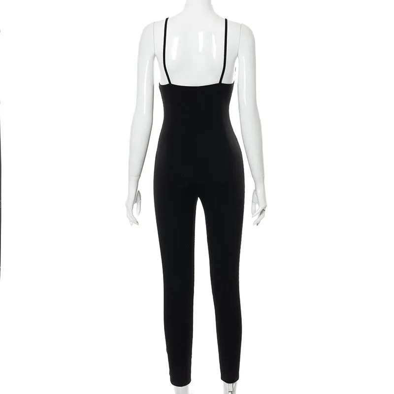 Summer Corns Solid Color Suspenders Backless Slim Fit Trousers Jumpsuit