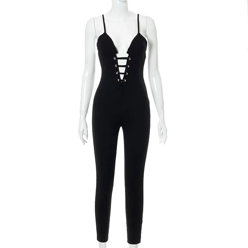 Summer Corns Solid Color Suspenders Backless Slim Fit Trousers Jumpsuit