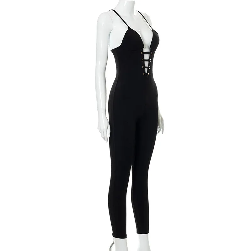 Summer Corns Solid Color Suspenders Backless Slim Fit Trousers Jumpsuit