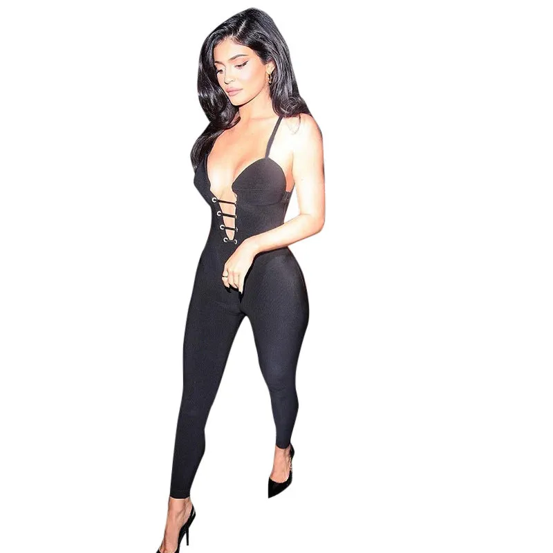 Summer Corns Solid Color Suspenders Backless Slim Fit Trousers Jumpsuit