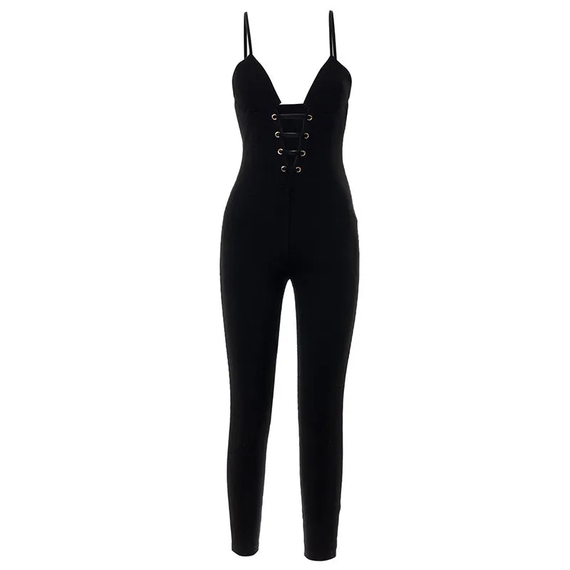 Summer Corns Solid Color Suspenders Backless Slim Fit Trousers Jumpsuit
